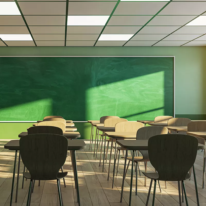 Empty classroom, green blackboard